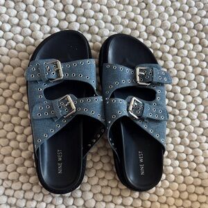 Nine West Denim Blue Double Buckle Slides